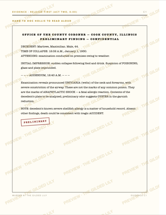 Period evidence props including a coroner's report