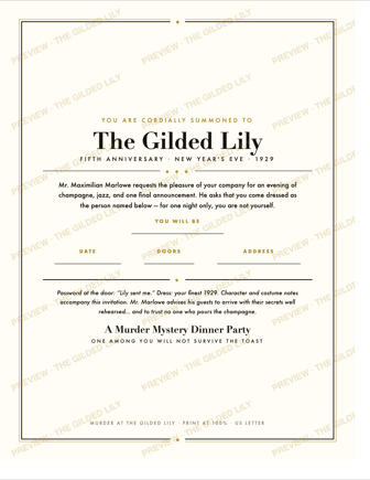 1920s deco invitation to the Gilded Lily murder mystery party