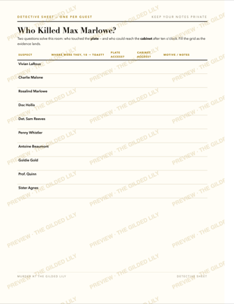 Detective sheets, accusation ballots and award certificates